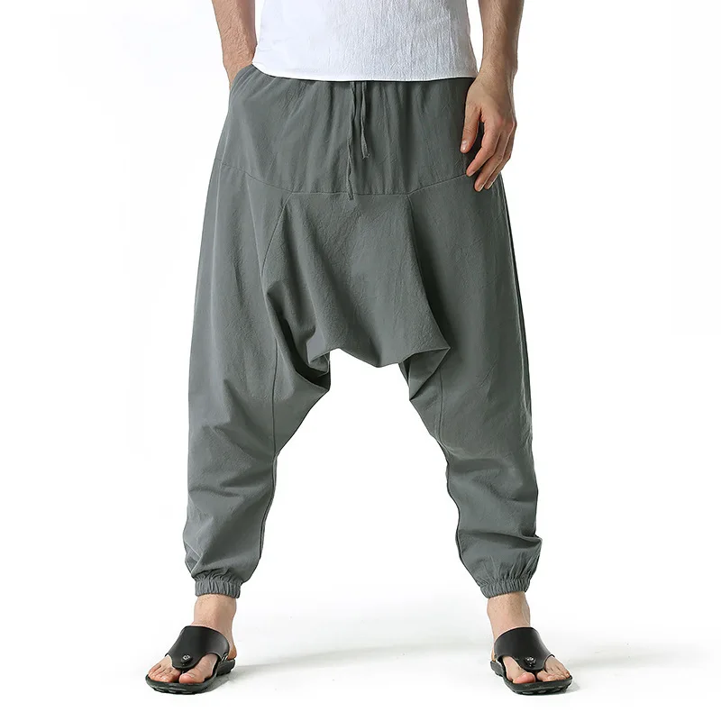 New Pants Men Loose Crotch Pants European Size Solid Color Harem Pants Men