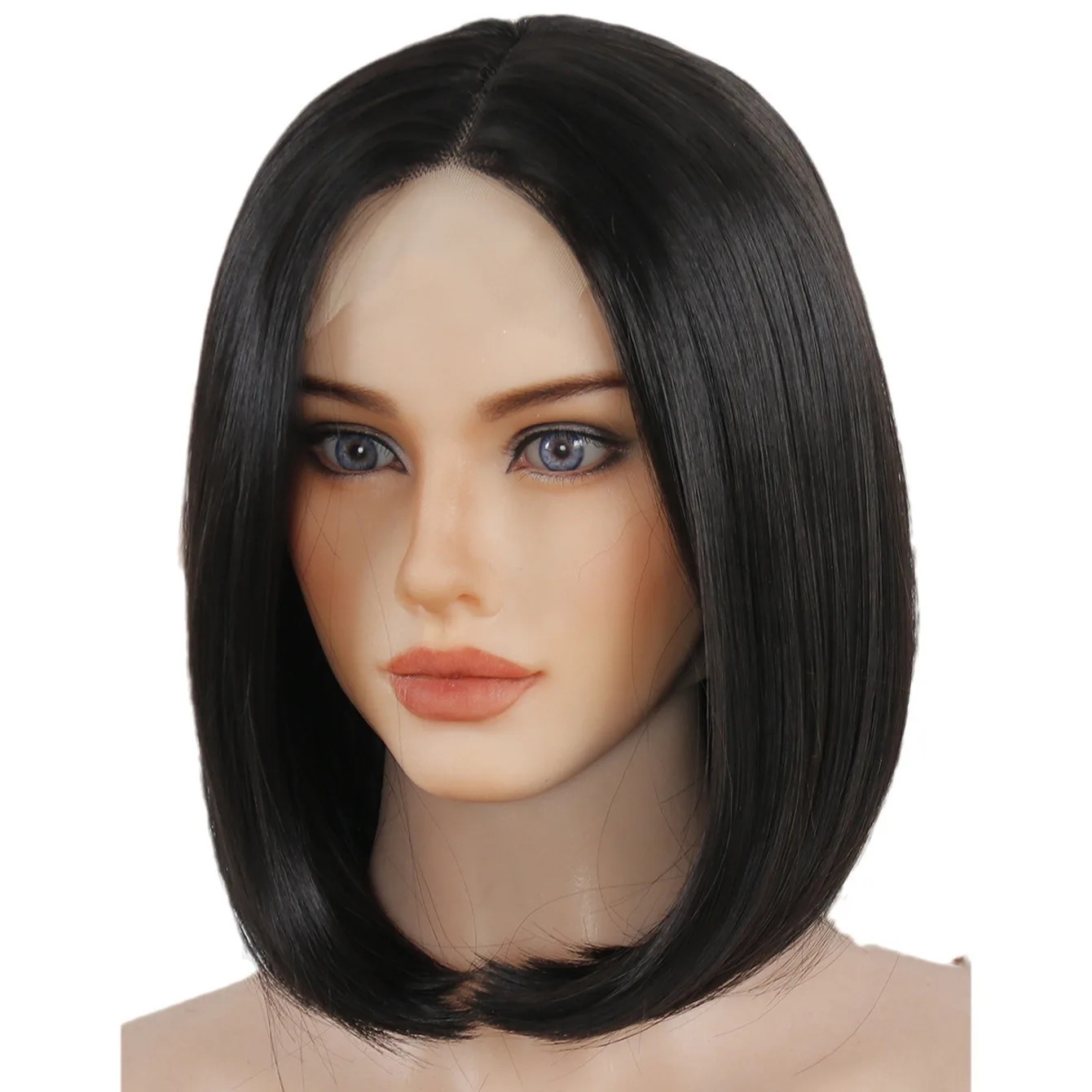 Factory Direct Supply Female Full Head Cover Short Straight Black Lace Front Synthetic Chemical Fiber bob Wig