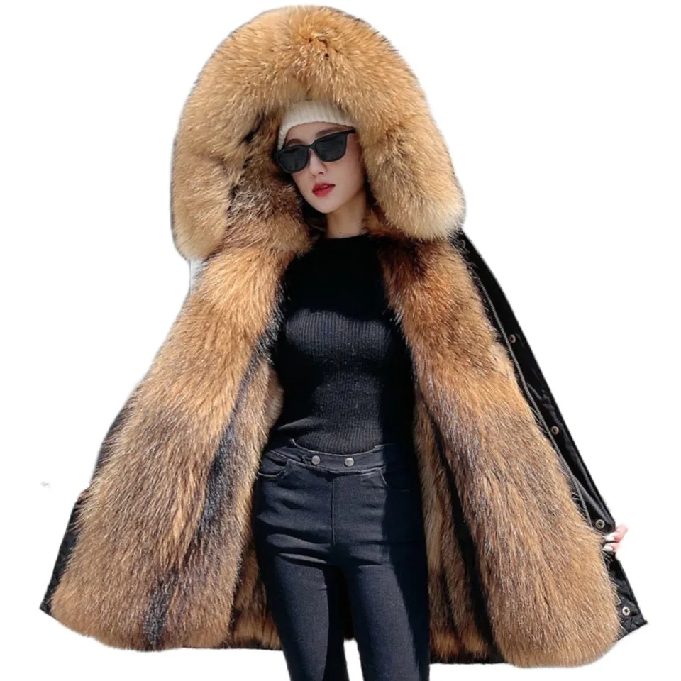 New thickened Detachable faux raccoon Fur Liner Parka Women Large Collar Parka Jacket Winter Warm Fur coats Parka