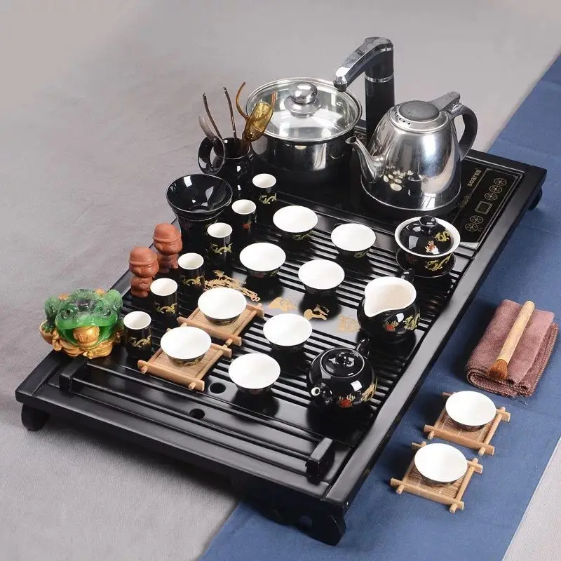 100% деревянный чайный поднос с индукционной плитой, китайский классический чайный столик gongfu