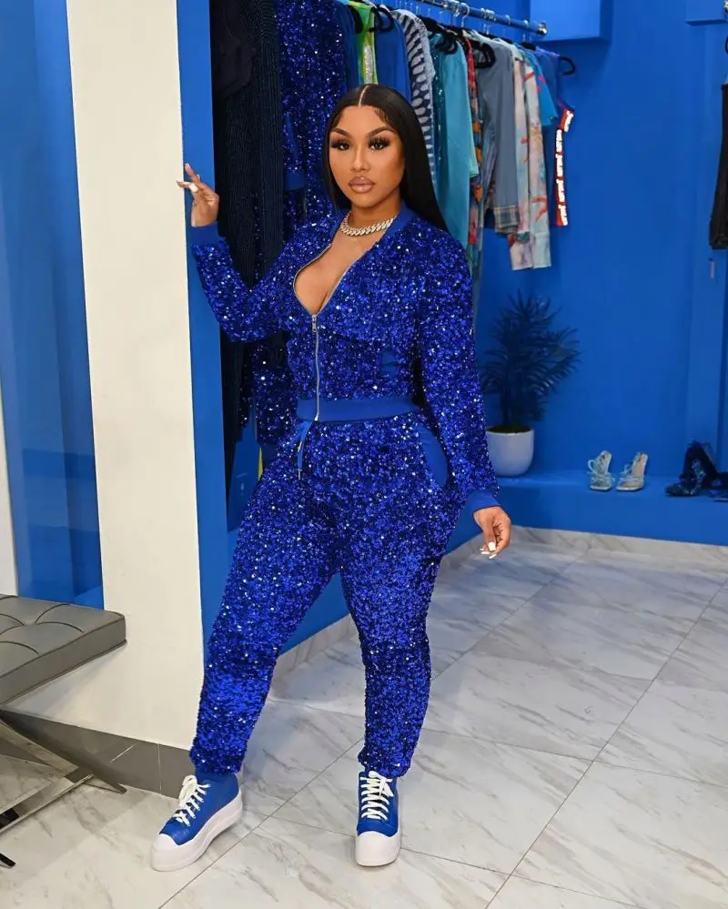 YP New arrival shiny diamond sequins rhinestone thread contrast  Sweatpants And Crop top Two Piece Jogging Set for women