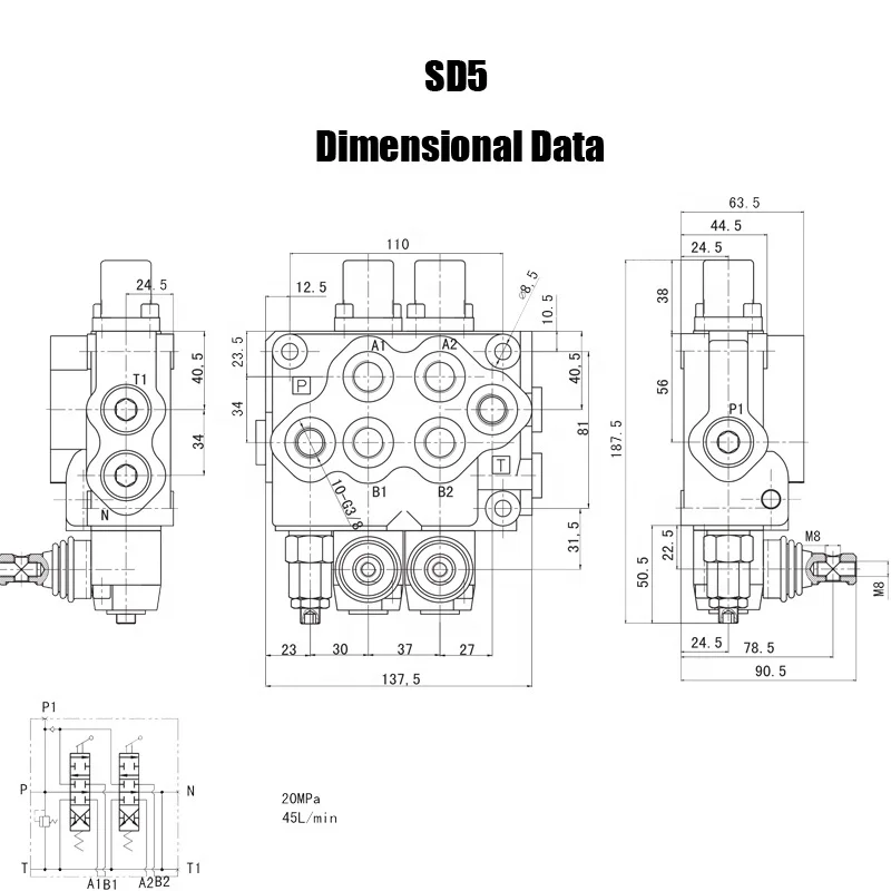 Sd5/2 Two Sections Monoblock Directional Hydraulic Control Valve with Spring Return