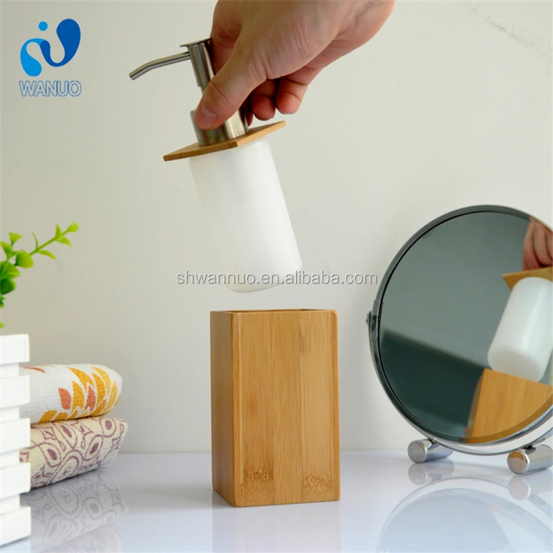 WanuoCraft Natural Wooden Square Bamboo Soap and Lotion Pump Dispenser for Kitchen or Bathroom Countertops