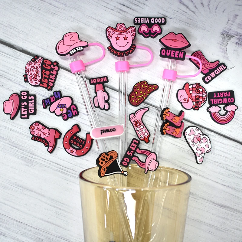 Manufacturer Custom Pink Cartoon Cute Reusable Silicone Straw Topper With 8mm Dust Caps Dust-Free Cup Accessories