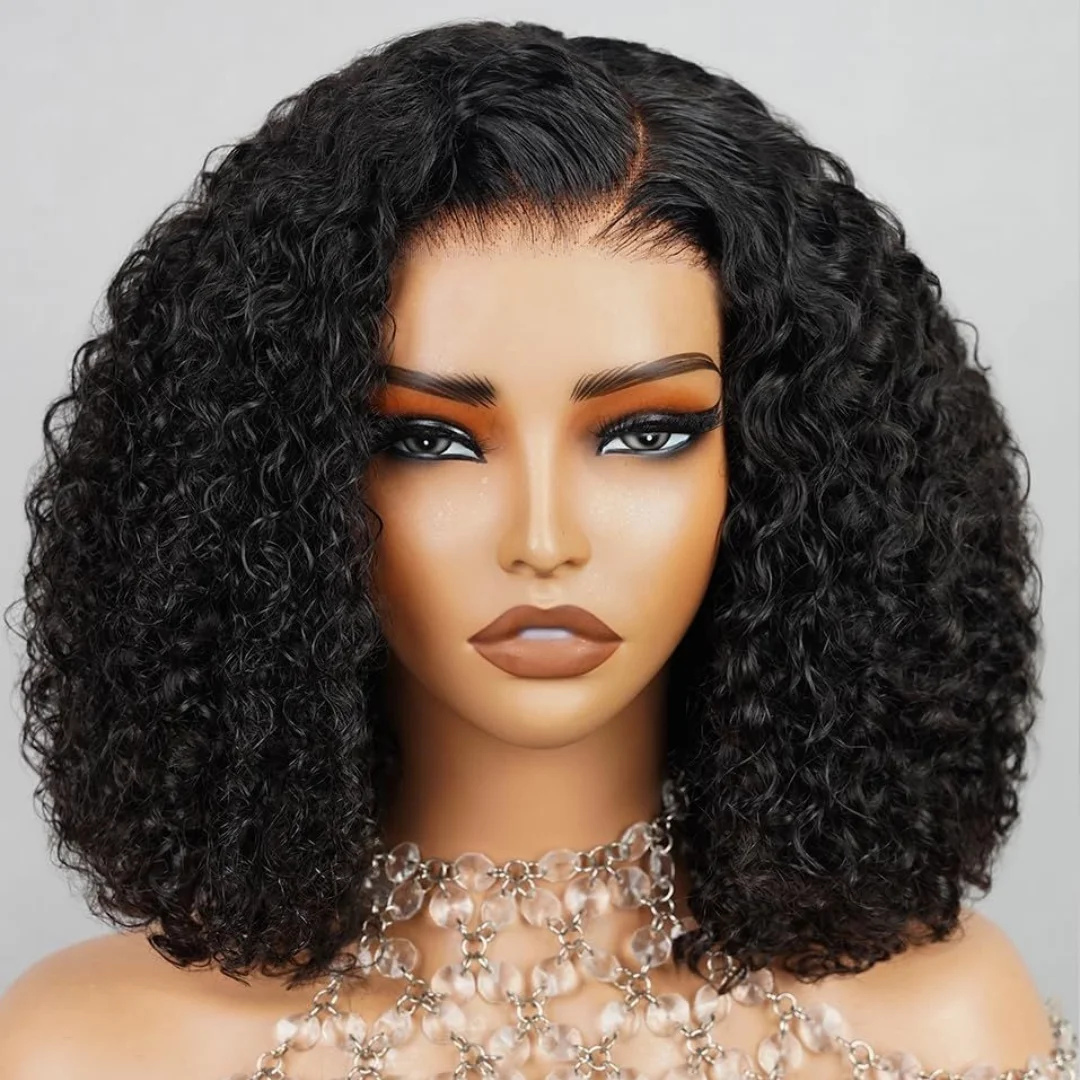 Natural Human Hair Kinky Curly HD Lace Pre Plucked Curly Bob Glueless Bleached Knots Vietnamese Human Hair HD Lace Front Wig