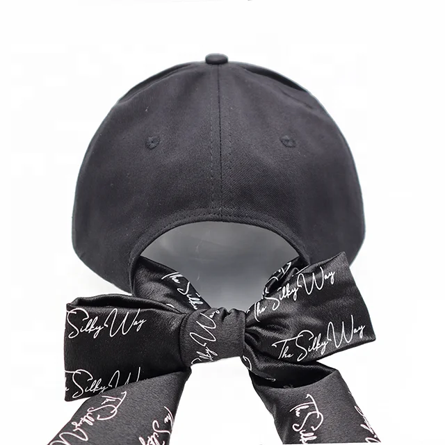 Tie bow lace back Satin/Silk lining lined fabric Customize flat embroidery Pure cotton pony Baseball Hats Caps for Women Ladies