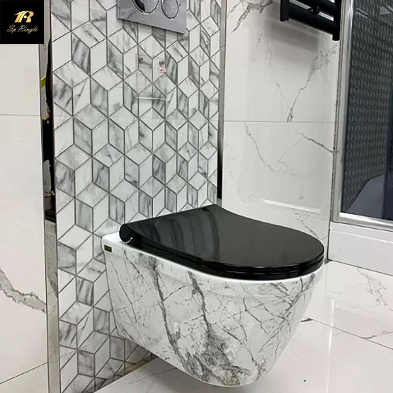  European style simple flush luxury bathroom pedestal basin wall-mounted marble toilet