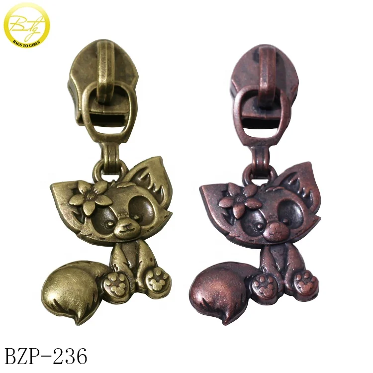 Hot selling fox logo embossed zipper pulls charm customized handbag accessory nylon zipper slider puller for garment