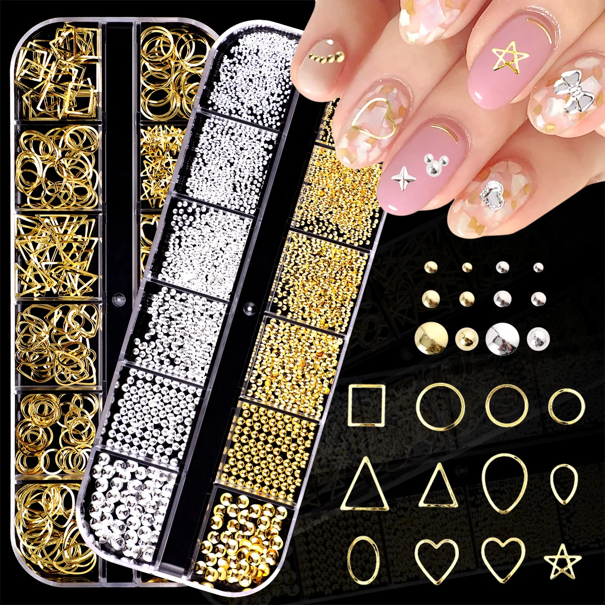 New arrival 12 grid nail Art decoration box with mixed metal gold and silver rivets for nail decoration sticker