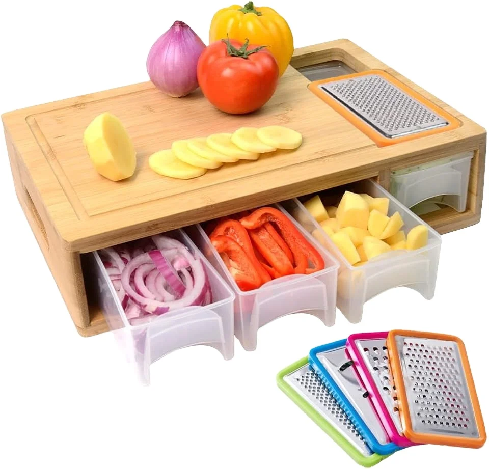 Kitchen Bamboo Cutting Boards with 4 Containers Drawer with Transparent Lid Easy for Food Prepared&Clean up