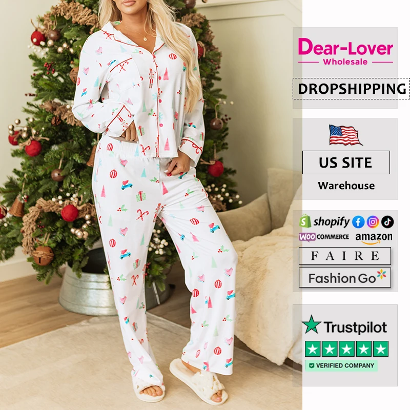 Dear-Lover Wholesale OEM ODM High Quality Sleepwear Christmas Print Shirt and Pants Winter Pajamas For Women Set