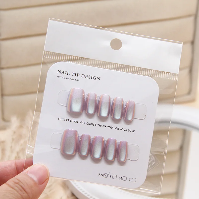 Wholesale 10pcs reusable cat eye chrome french 3D square short nude base wear nail art acrylic press on nails