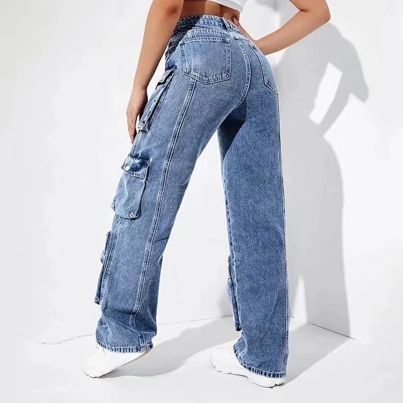 OEM Manufacturer Pocket High Waist Streetwear Baggy Denim Ladies Long Wide Cargo Pant For Women Jeans