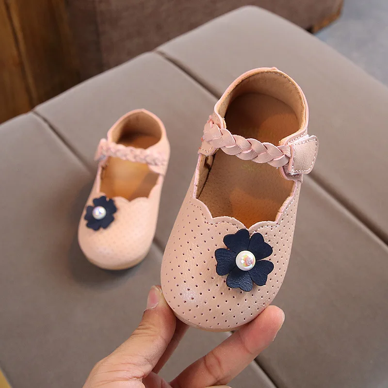 Hao Baby Spring Autumn New Floret Pearl Soft Bottom Non-slip Leather Baby Walker Shoes