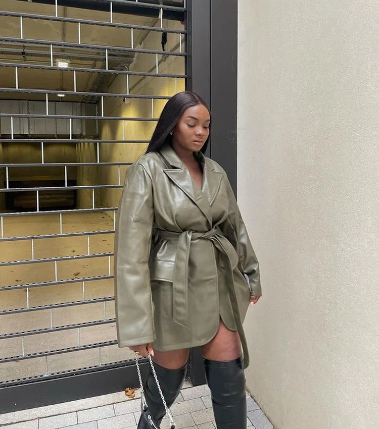 H2503 sexy PU leather young women Korea fancy army green stand collar long sleeve belt ladies fashion coat