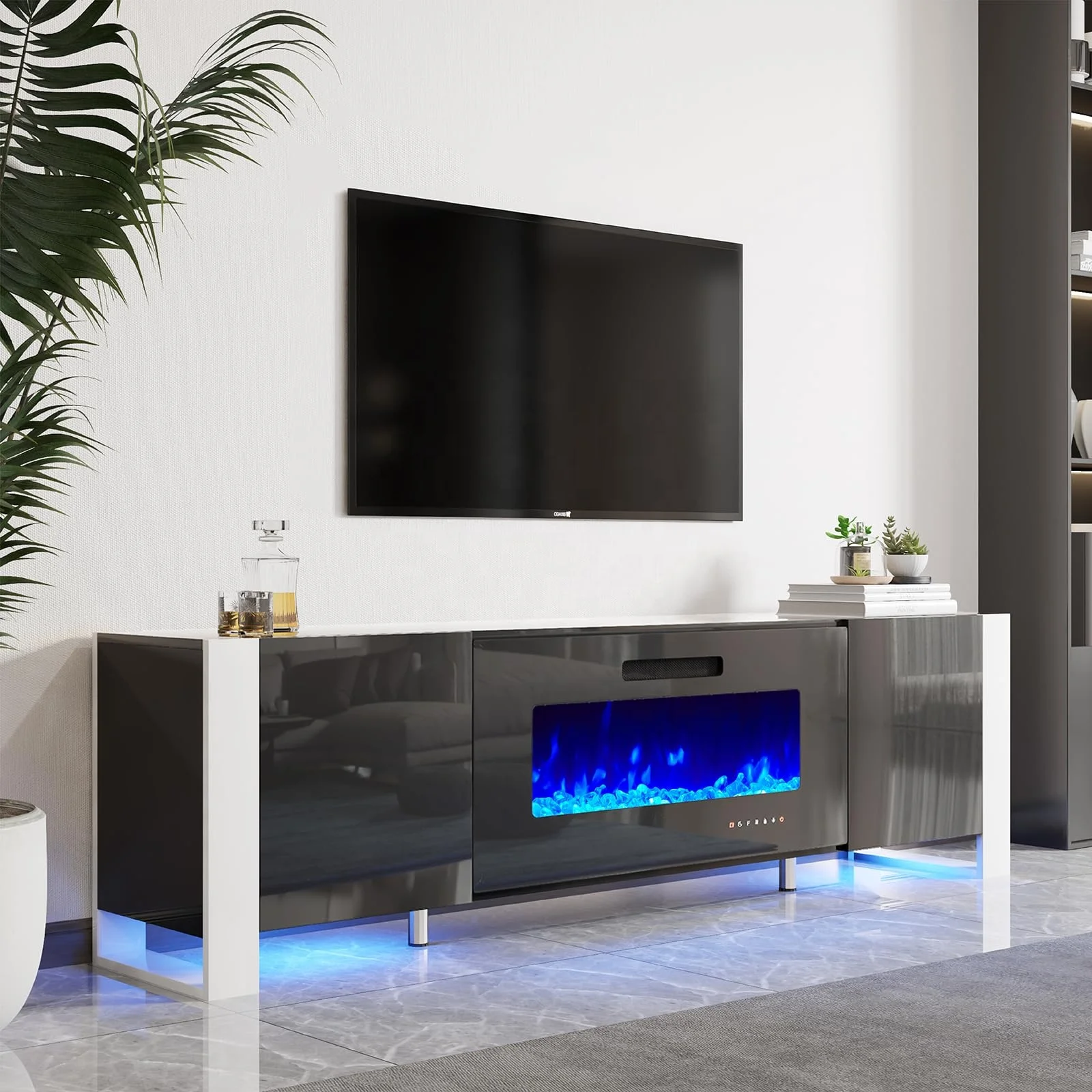 Living Room Furniture Wood Particleboard Table Modern Highlight TV Stand Cabinet with Electric Fireplace