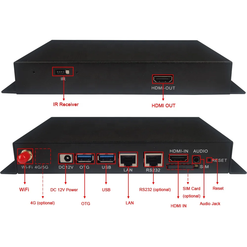 RK3399  4K UHD HD-MI OUT and IN  USB3.0 2.4G+5G WIFI Android 10.0 4+64G Wide area network CMS LCD digital Signage Video Player