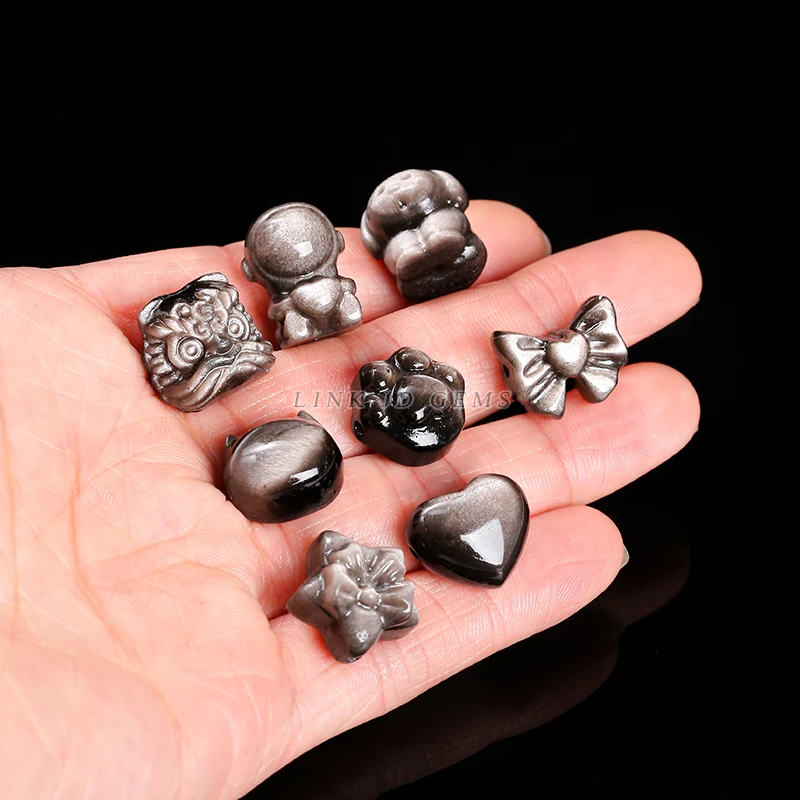 Natural Stone Silver Obsidian Carved Patterned Bead Cat Paw Pixiu Animals Shape Bead With Hole For Jewelry Making Necklace
