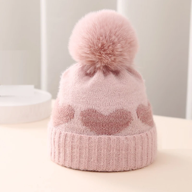 Autumn Winter Fur Pompom Baby Hat Heart Printed Knitting Infant Beanie Cap Toddler Warm Girls Boys Hats