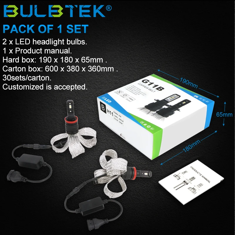 BULBTEK G11B bombillo H3 LED fog light bulb copper belt cooling 24v fanless Headlight h1 h4 h7 h11 9005 9006 h3 led car bulb