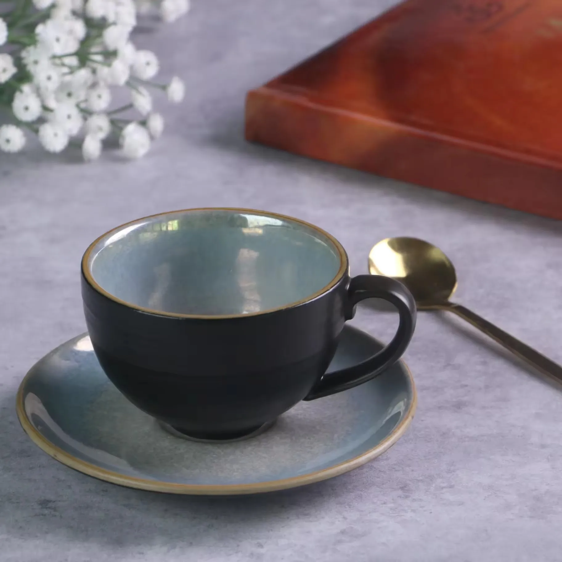 Nordic style unique matte black glossy glazed luxury ceramic tea cups saucers custom coffee cup for home hotel
