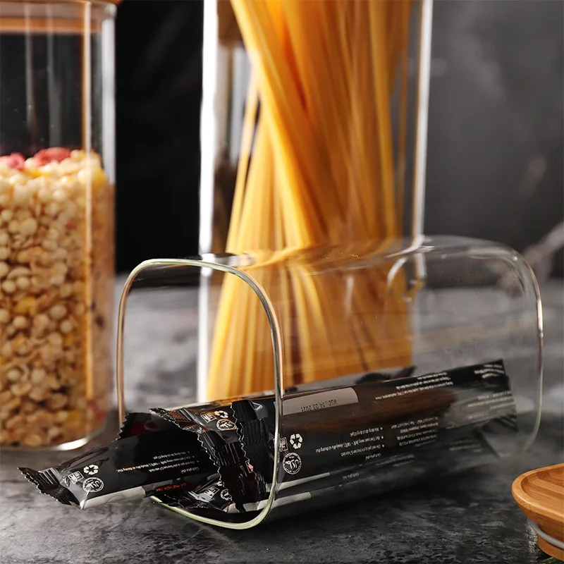 Eco-friendly clear Nut candy effervescent package High Borosilicate custom square glass storage jar with Natural Bamboo Lids