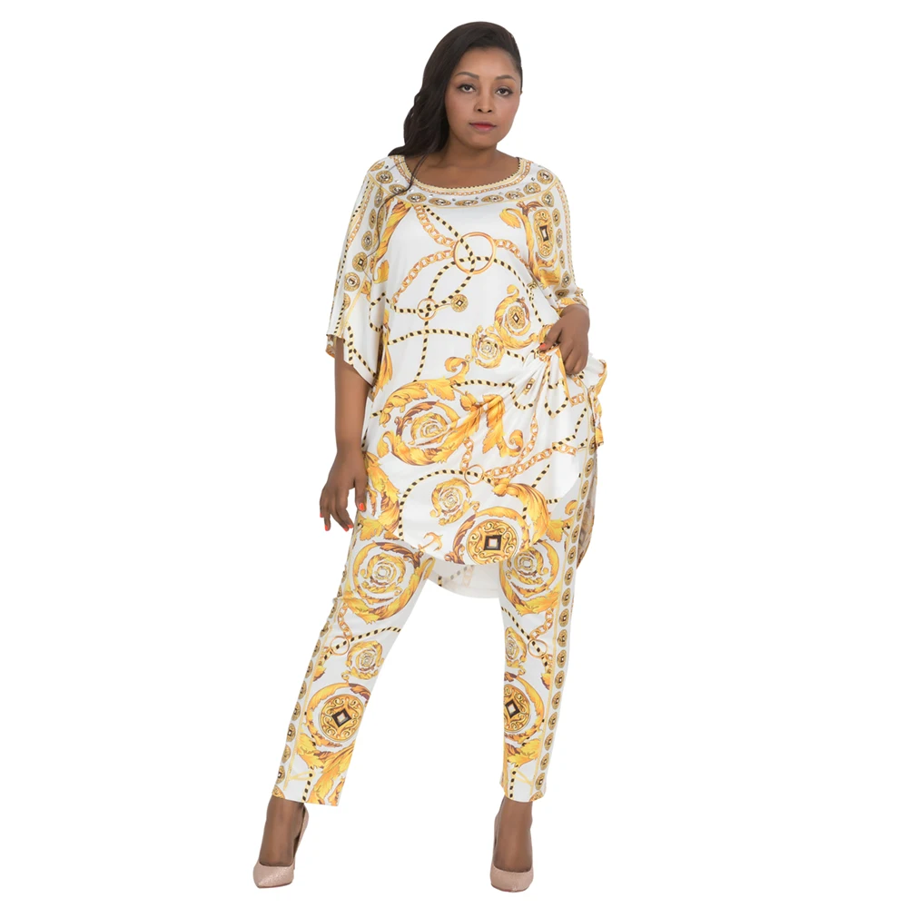 
Batwing Kaftan Plus Size Maxi Crystal Crystal Dress Suit Set Print Boubou Loose Africa Clothing Suit 