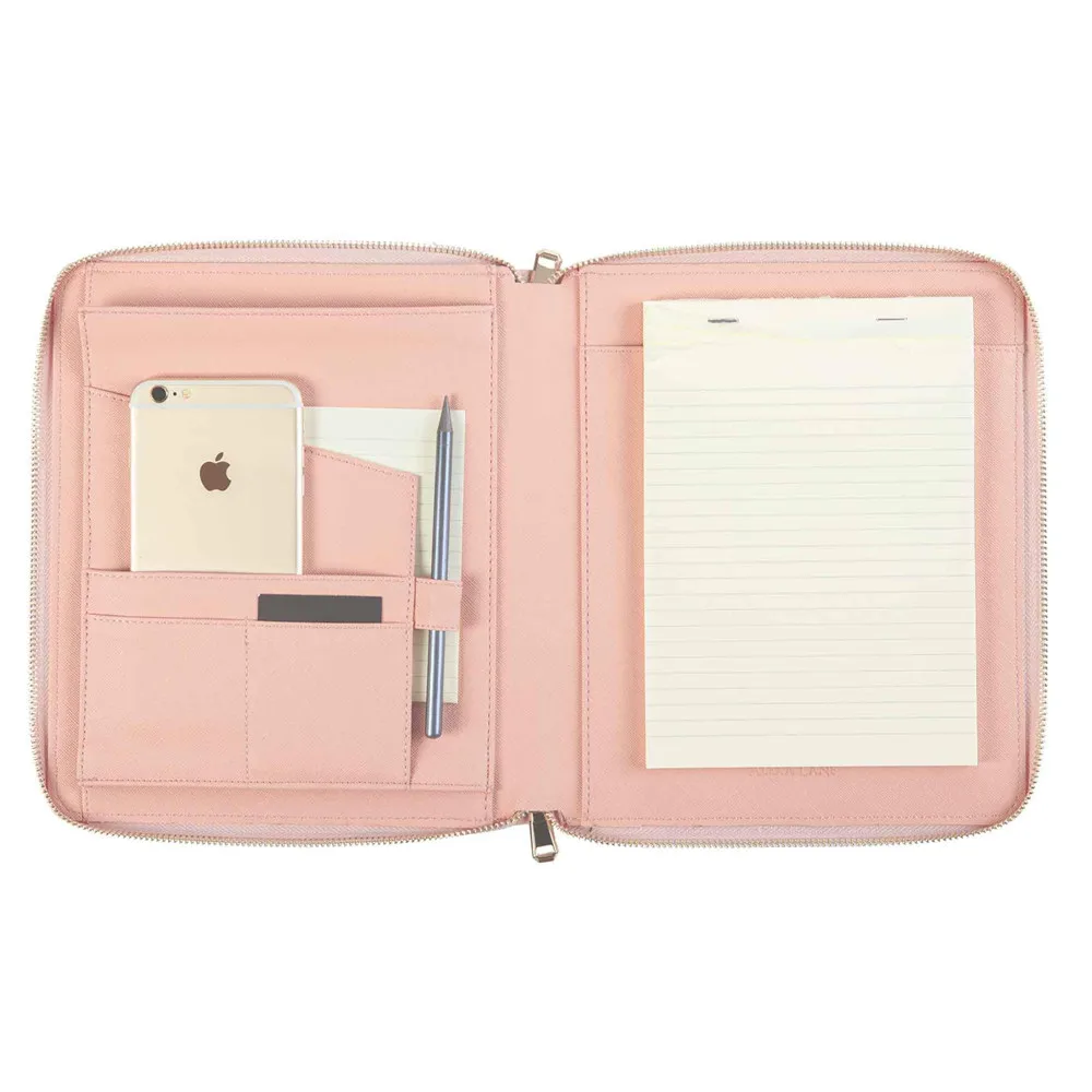 Pink A5 Documents Folder PU Leather Compendium Zip with Notepad