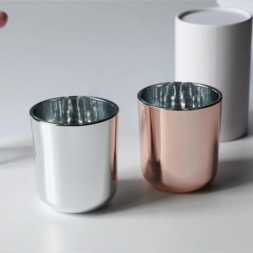 12oz 16oz Electroplated Luxury rose golden and silver round bottom Glass Candle Jars with lid