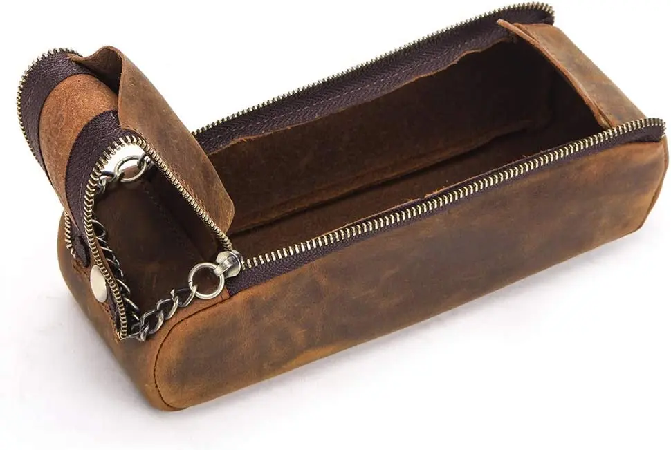 Genius Leather Pencil Case - Double Zippered Pen Pouch for School, Work and Office
