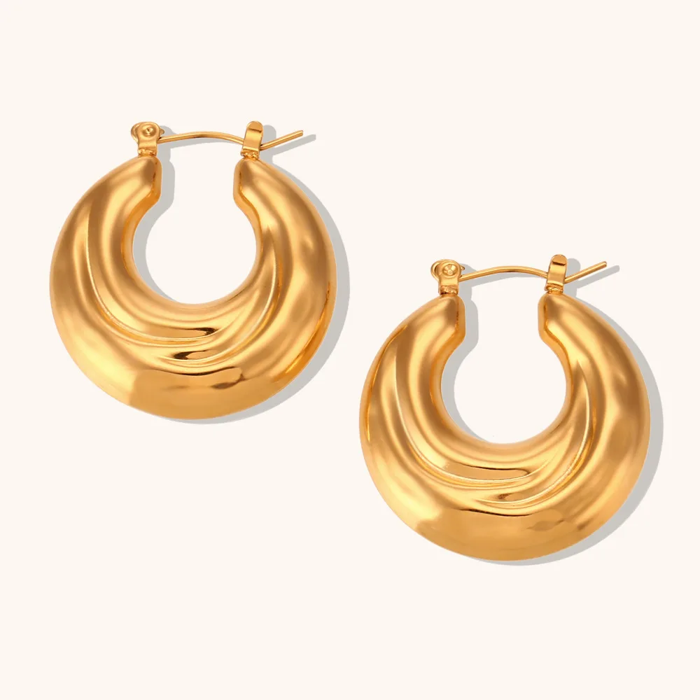 Simple 18K Gold Plated Stainless Steel Ear Buckle Jewelry Accessories Ocean Wave Vortex Pattern Hollow Hoop Earrings