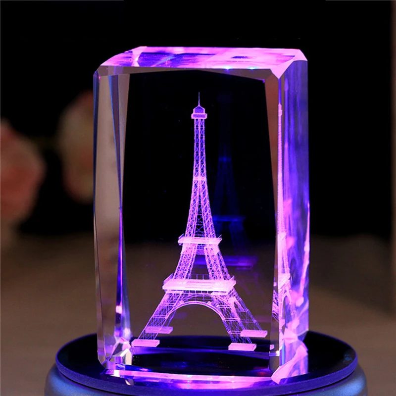 Hot Romantic Paris Eiffel Tower 3d Engraved Crystal Cube Led Night Stand Valentines Souvenir Gifts