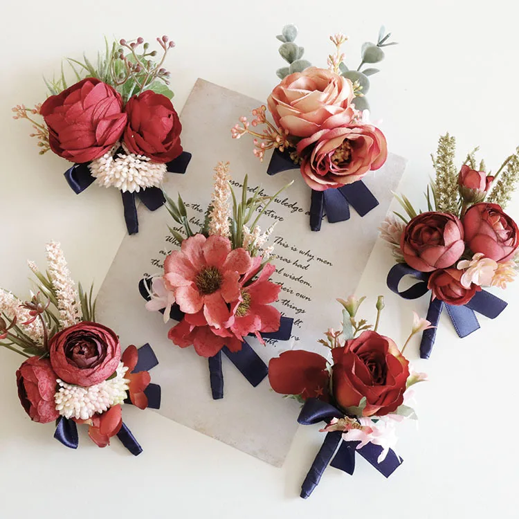 Wholesale Wedding Prom Red Rose Artificial Silk Flower Bride Bridesmaid Ribbon Bracelet Wedding Wrist Corsage