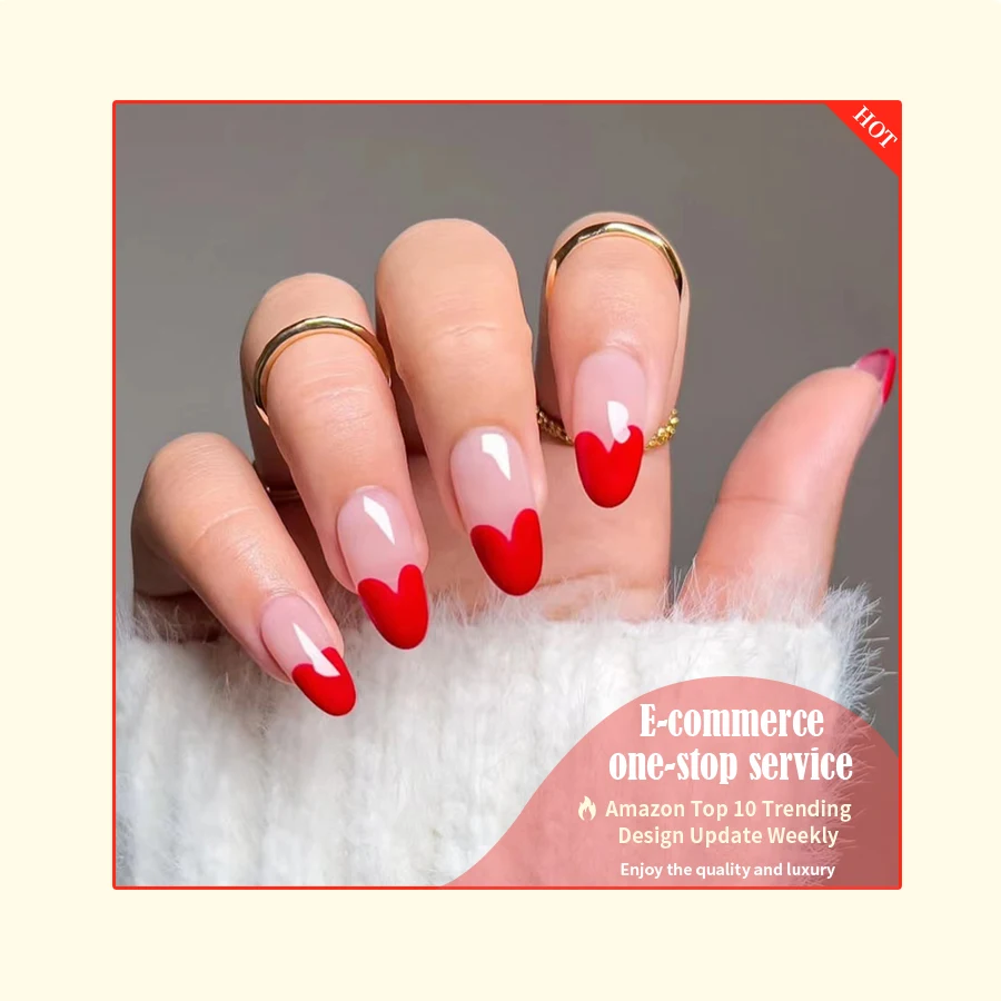 Faux Ongles Factory Suppliers  Wholesale Price Salon Quality Valentine Design  Red French Oval Shape  Trending Press On Nails