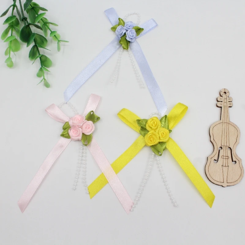 Manufacturer Custom 1cm Multi-color Ribbon Plus Small Flower Sticky Pearl Chain Hand Tie Bow