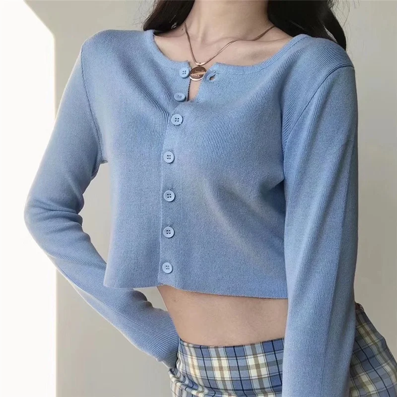 2022 Spring Korean O-neck Short Knitted Sweaters Women Thin Cardigan Fashion Short Sleeve Sun Protection Crop Top