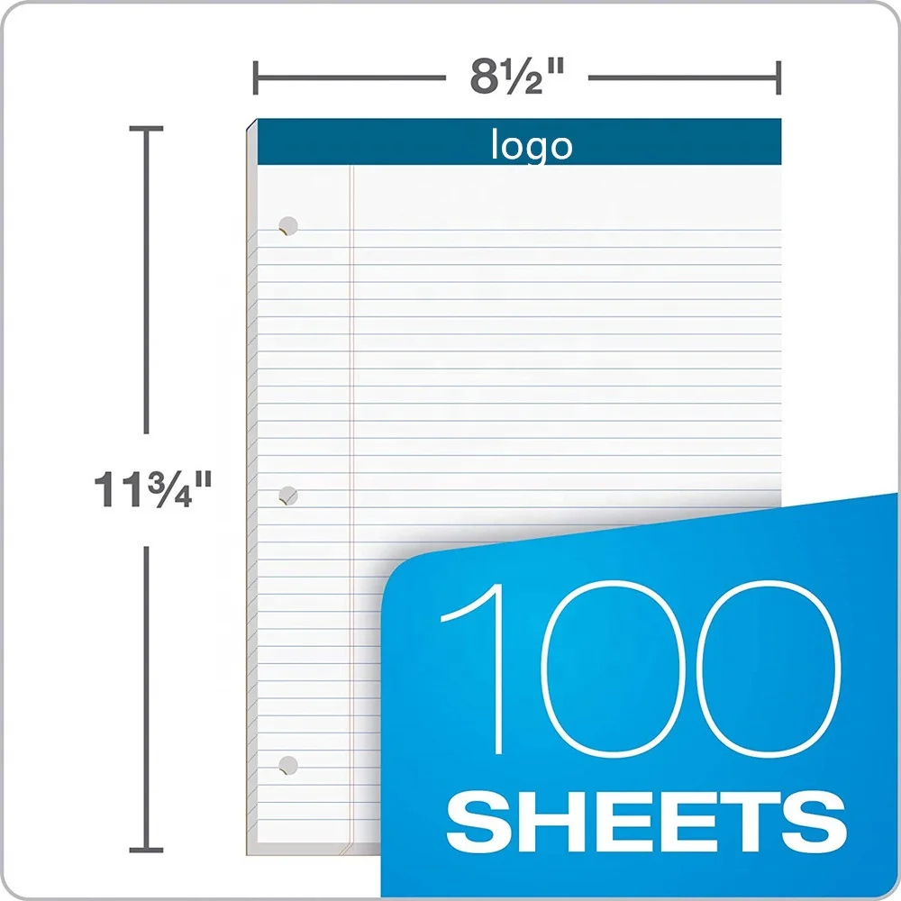 Custom Writing Pad 8.5x11.75 inch College Rule White Paper 3-Hole Punched 100 Sheets Legal Pad Notepad
