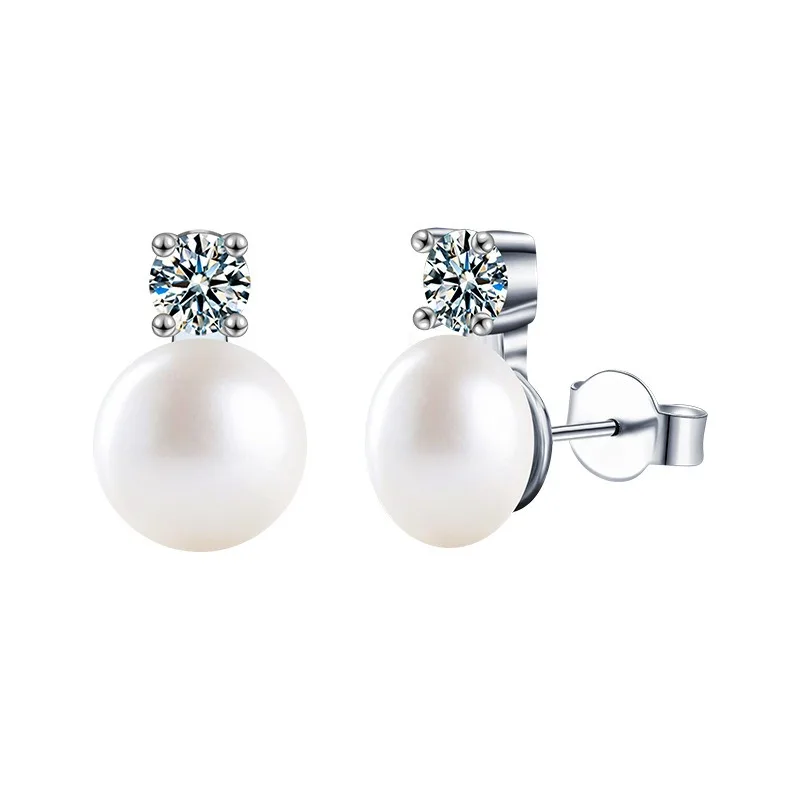 Fine Jewelry Luxury Premium 0.1CT Moissanite diamond water fresh Pearl S925 sterling silver stud earrings gift for lady women