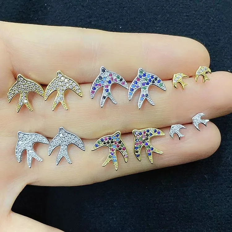 EC1493 New Style 18k Gold Plated Diamond CZ Pave Crystal Swallow Flying Bird Pixiu Charm Studs Stud Earrings