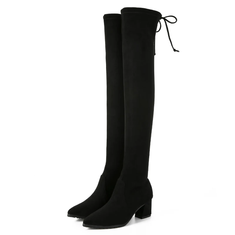 Офисные модные облегающие Женские замшевые сапоги на высоком толстом каблуке с острым носком и шнуровкой сзади