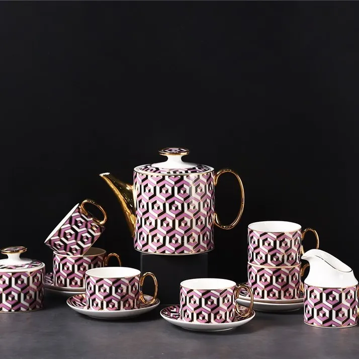 2023 Light Luxury Mug Set Gift Box Blue Geometry Ceramic Coffee Tea Pot And Cups Sets