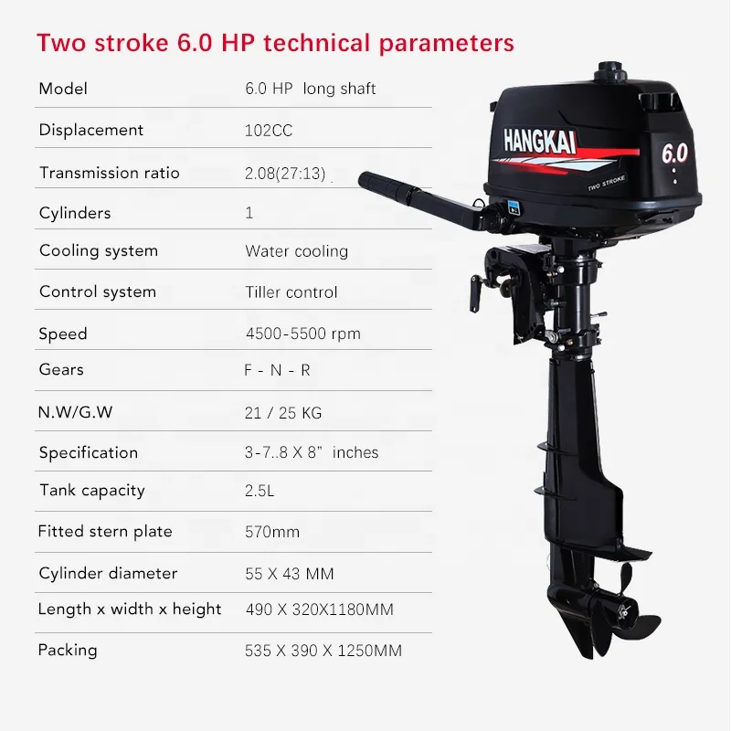 Boat Engine Hangkai 2Stroke 6hp Long Shaft Boat Motor Outboard Gasoline Engine Motor fuera de borda for Plastic Boat