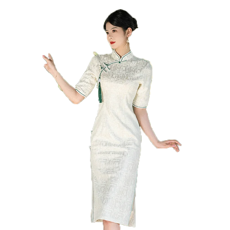 Modailan New arrivals light green elegant slim dresses long style Cheongsam Women Chinese Qipao Dress