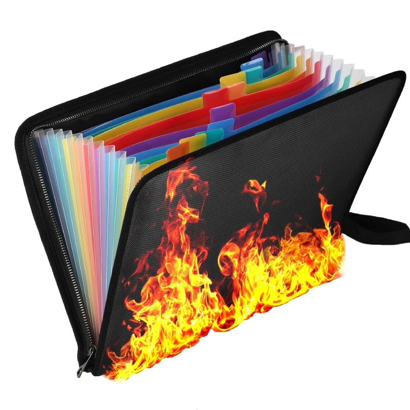 A4 Size Fireproof Expanding File Folder with 12 Multicolored Pockets Non-Itchy Silicone Coated Document Organizer Color Labels