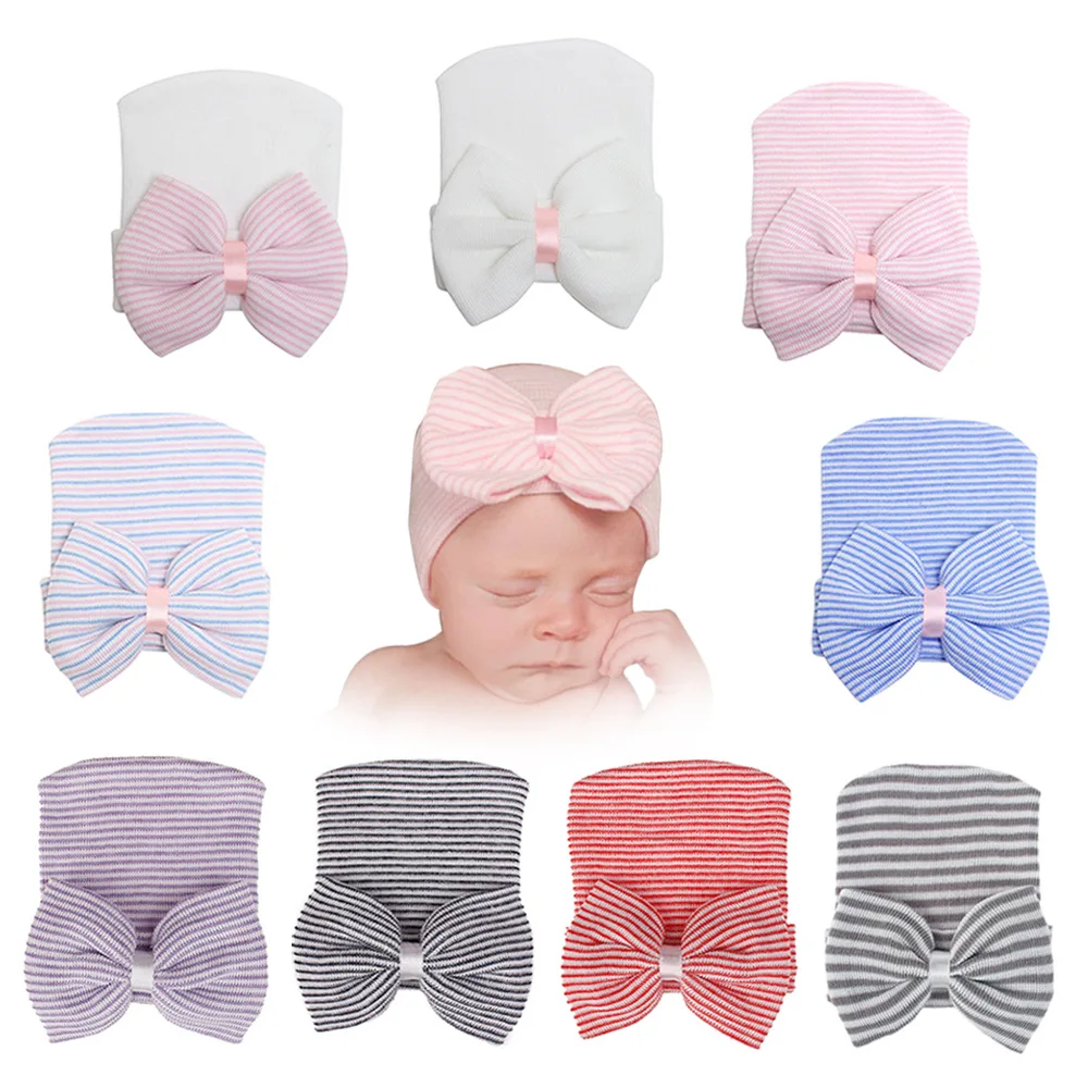 New Newborn baby stripe big bowknot warm hat infant knit bonnet hat shower gift