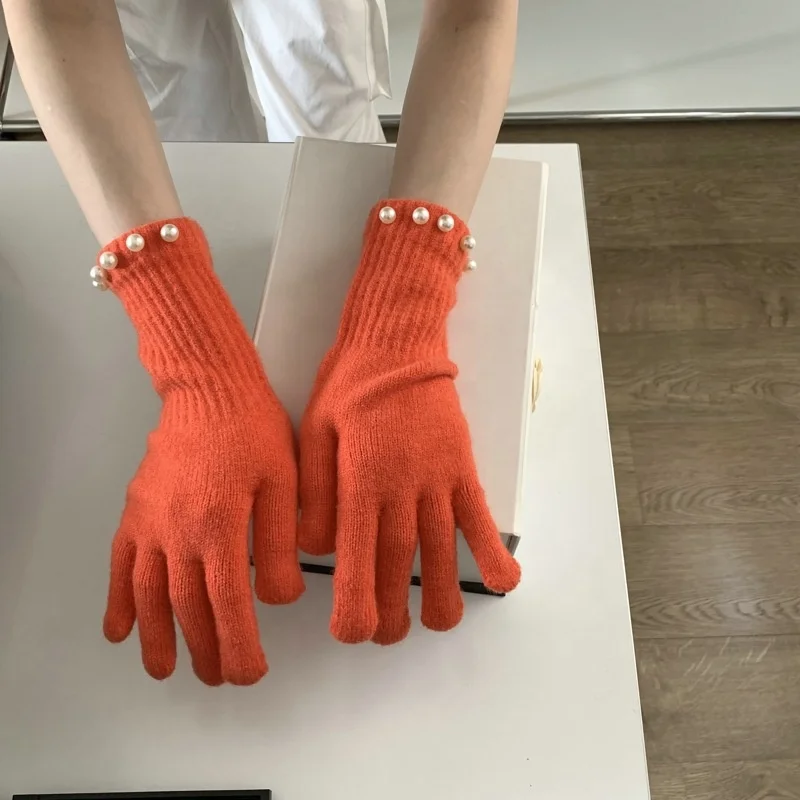 Solid Color Long Arm Knit Touch Screen Leak Finger Pearl Winter Warm Cycling Five-Finger Knitted Gloves