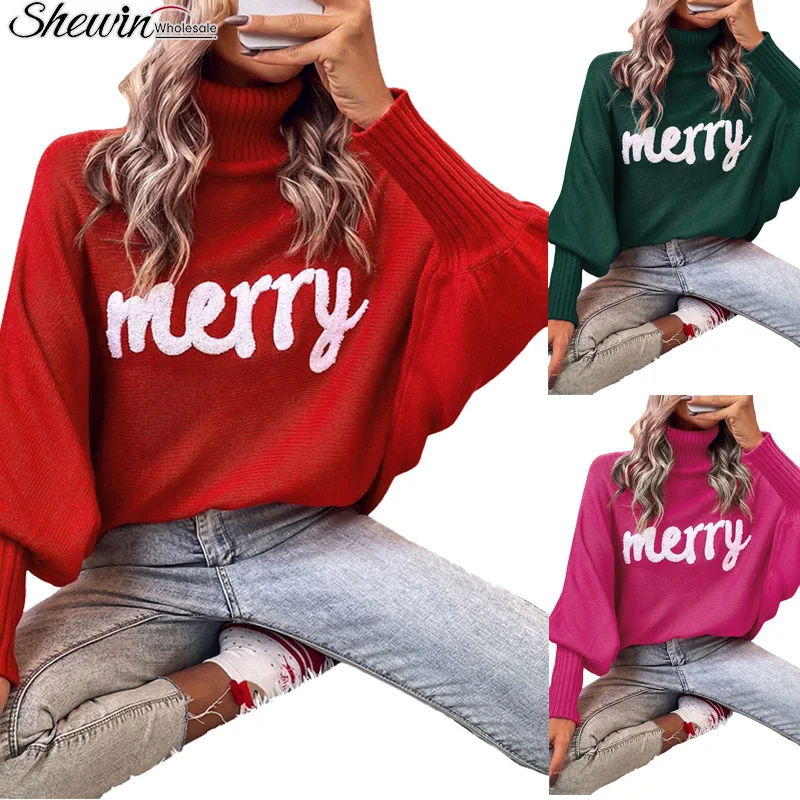 Shewin Wholesale Red Pink Merry Letter Tirtle Women Embroidered Ugly Christmas Sweater