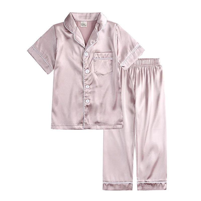 
Summer Short Sleeve Turn Down Collar 2021 Children Silk Imitation Boys Girls Baby Pyjamas Two Pieces set Kids Home Wear 