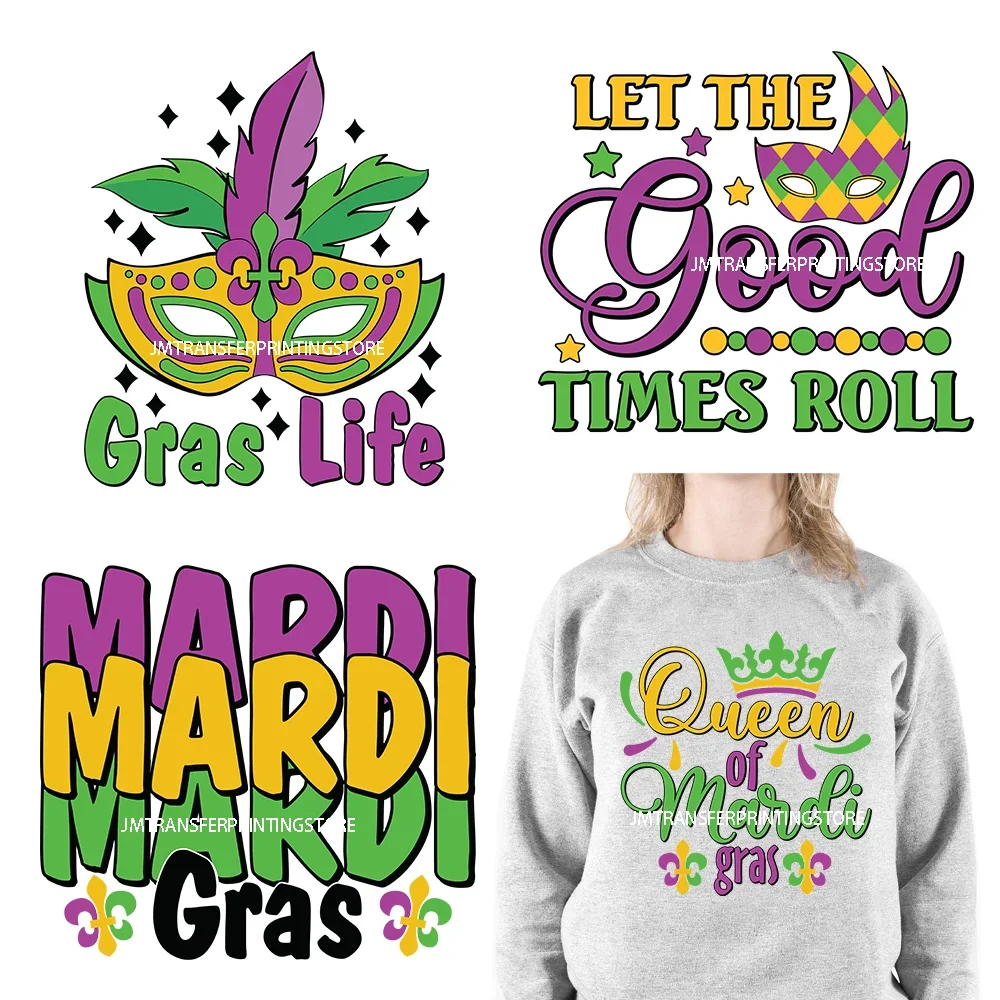 Карнавальный фестиваль Mardi Gras печать Squad маска клоуна буквы из бисера королева железо на DTF переводные наклейки для одежды