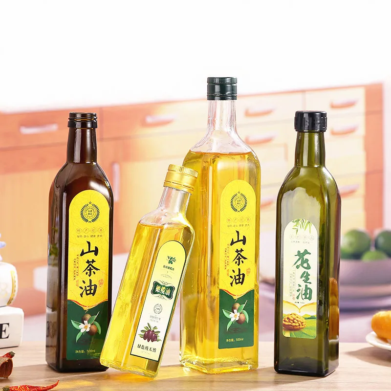 square Cooking Oil Bottles Amber Green clear Glass Olive Bottle With Screw Cap 100/250/500/750/1000ml